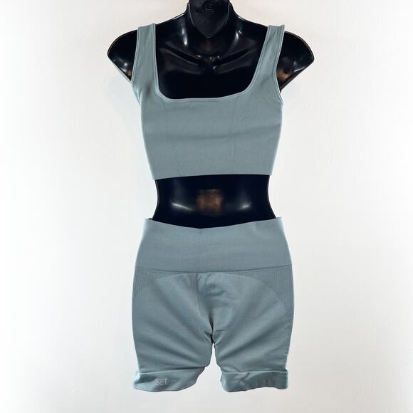 SET Active Sculptflex Power Ribbed Sports Bra Bike Short Set Muted Blue Large - Picture 5 of 8